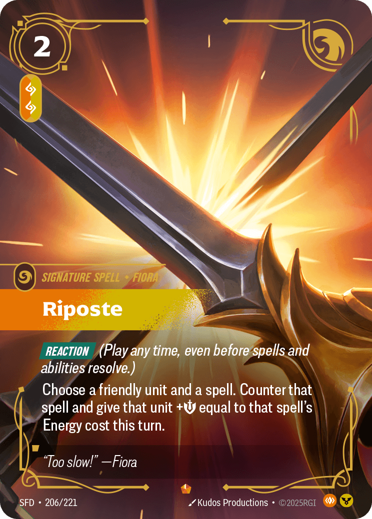 Riposte Riftbound signature spell card art for Fiora counter guide