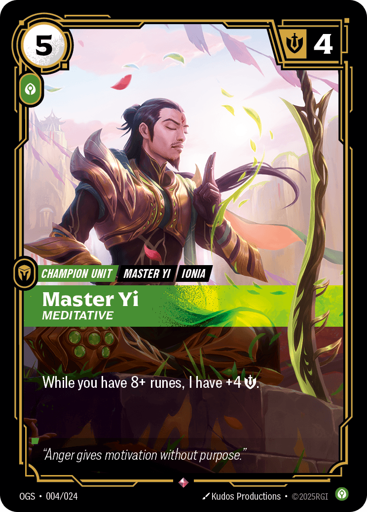 Master Yi - Meditative Riftbound champion unit card art for Master Yi counter guide